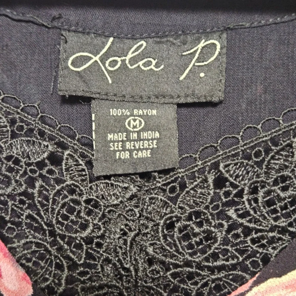 LOLA P Womens Midi Dress Medium Black Pink Floral Ruffle Hem 90s Y2K Cottagecore